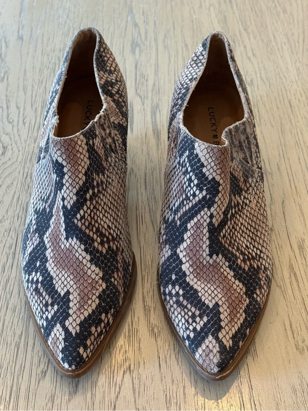 Lucky Brand Tabea Snake-Print Low Block Heel pull on Ankle Booties women’s 8.5